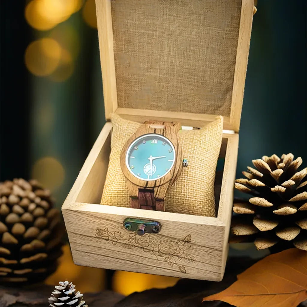 Women’s Gold Luxury Wooden Watch - Casual Fashion Wrist Watch For Women With Simulated Diamond Dial