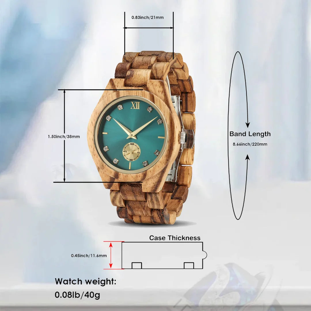 Women’s Gold Luxury Wooden Watch - Casual Fashion Wrist Watch For Women With Simulated Diamond Dial