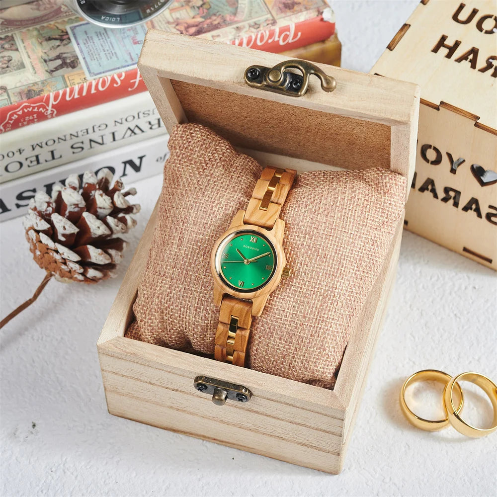 Women's Round Face Wooden Watch Fashion Quartz Watch for Ladies With Paper Gift Box
