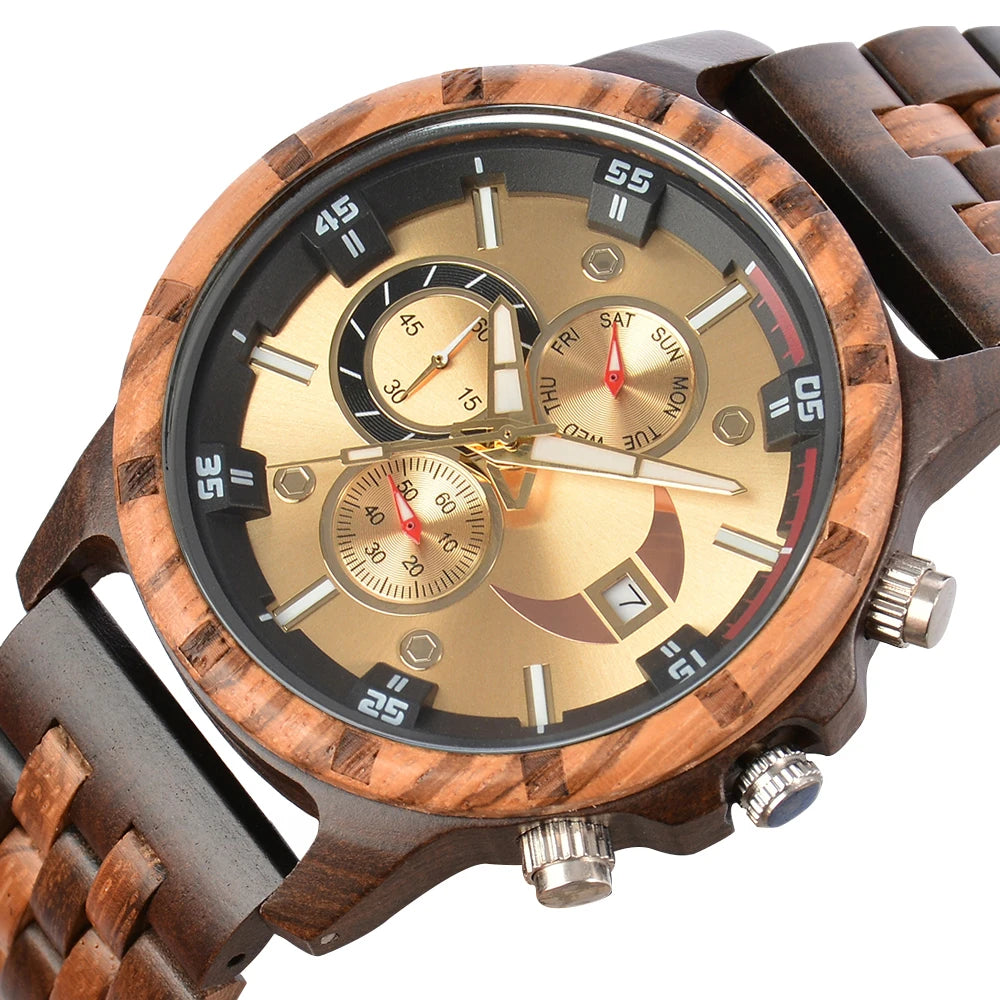 Men’s Sports Fashion Wooden Watch - Chronographic Analog Face With Luminous Hands