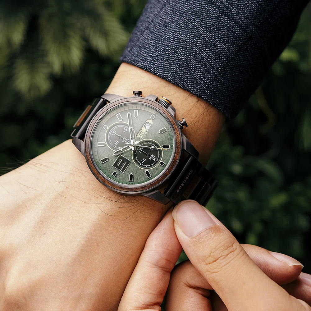 Men's Stylish Wood & Stainless Steel Combination Watch - Quartz Movement Chronographic Date & Time Face