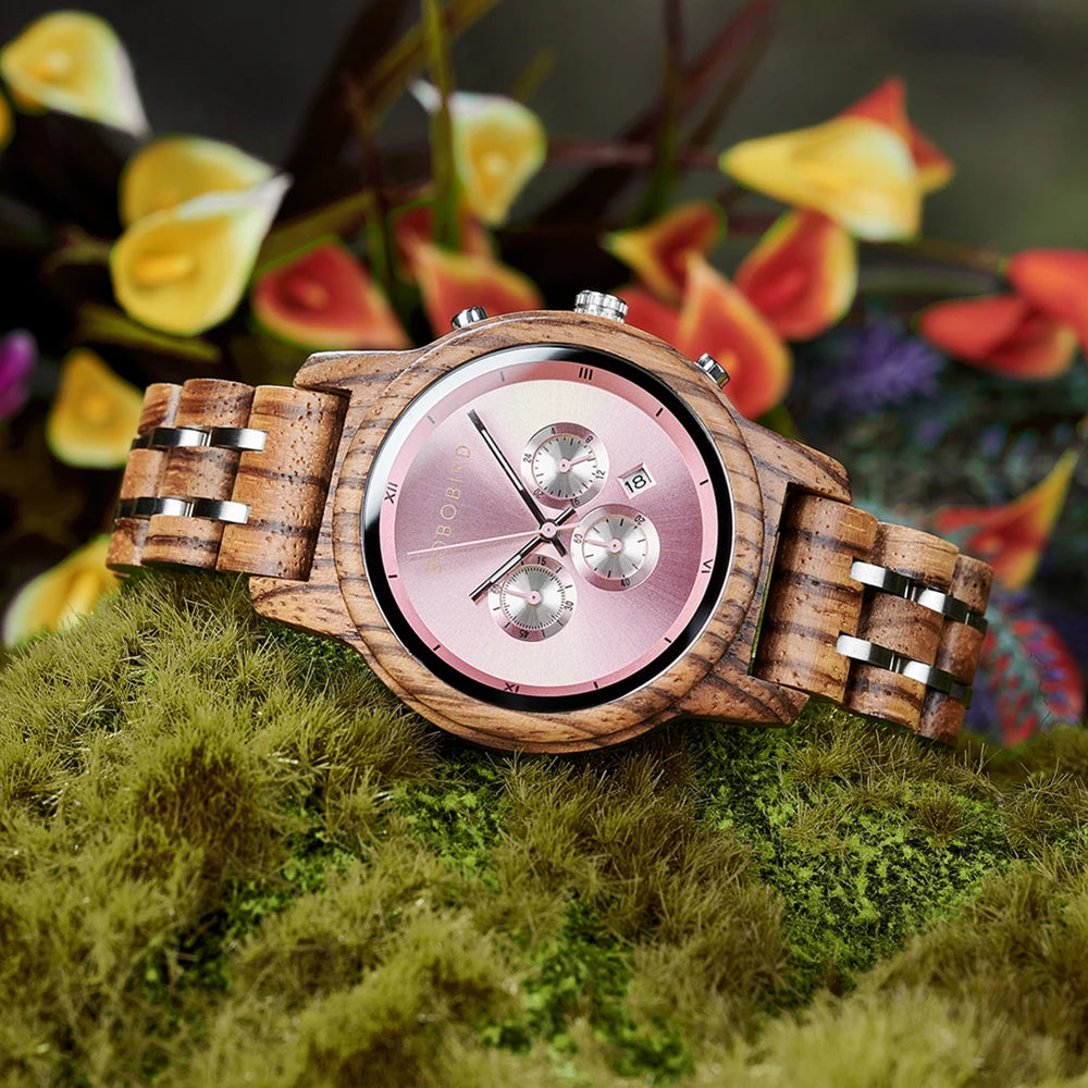 Wooden Women's Watch with 3 Sub Dials Chronograph