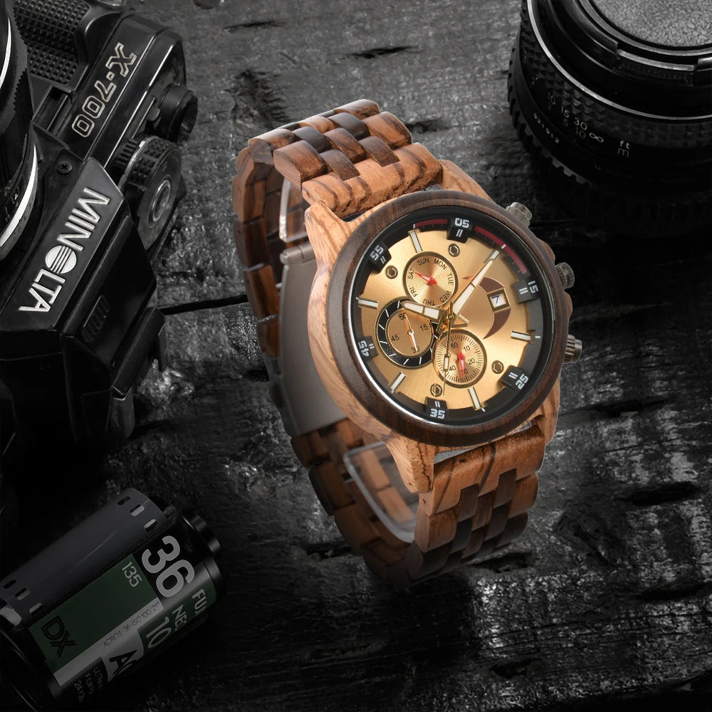 Men’s Sports Fashion Wooden Watch - Chronographic Analog Face With Luminous Hands