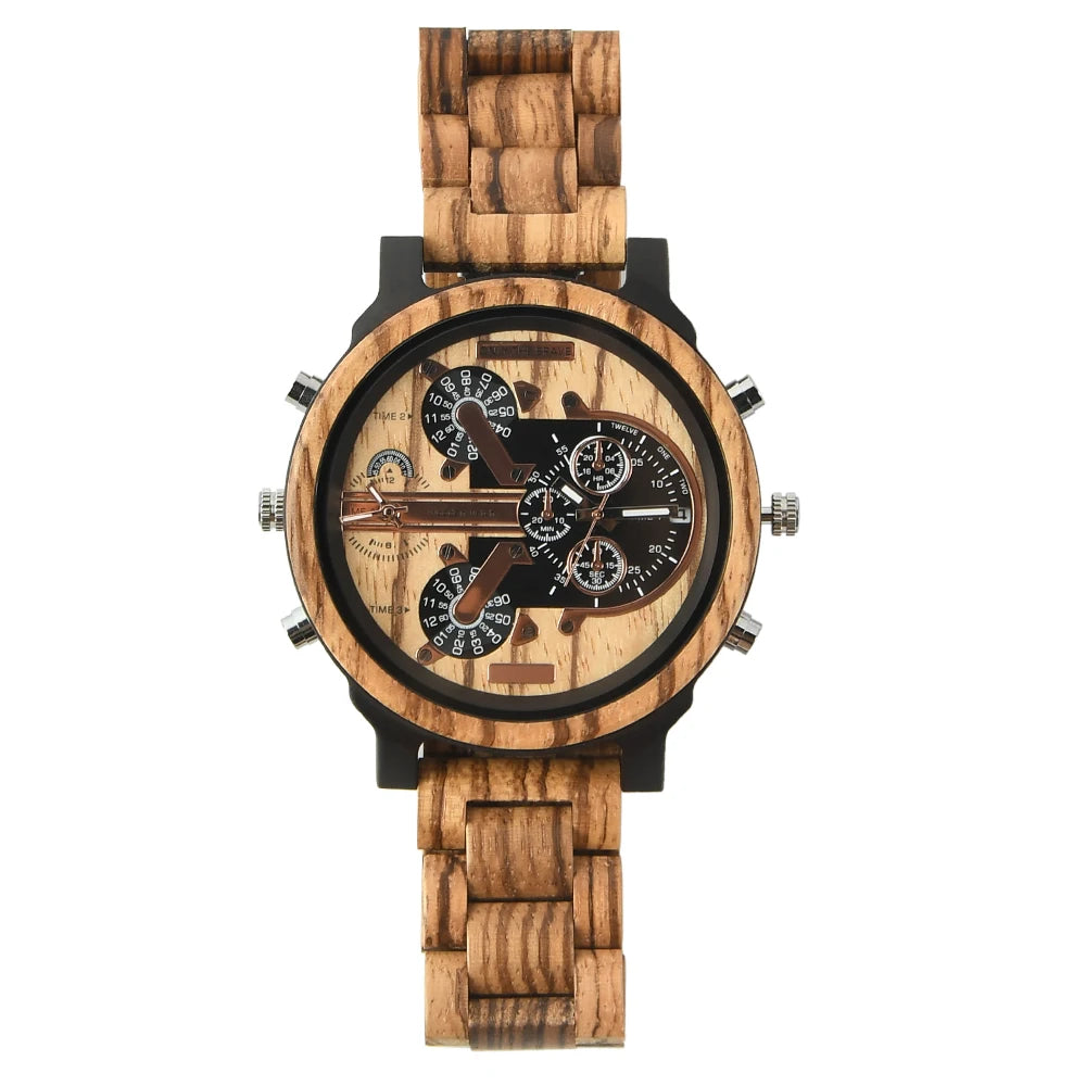 Chronographic Men’s Wooden Sports Watch - Luminous Hands With Large Face - Quartz Movement & Analog Time