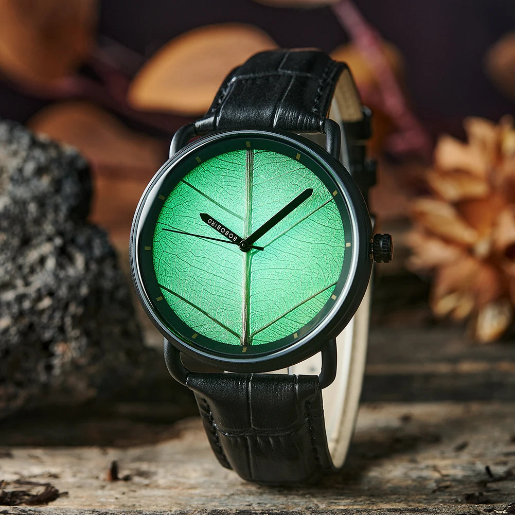 Unisex Wooden Watch With Real Leaf Dial Pattern - Fashion Wristwatch With Genuine Leather Strap For Men or Women