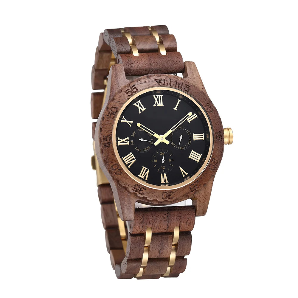 Classic Analog Wooden Wrist Watch For Men - Roman Numerals Face Quartz Movement With Day Of Week Display