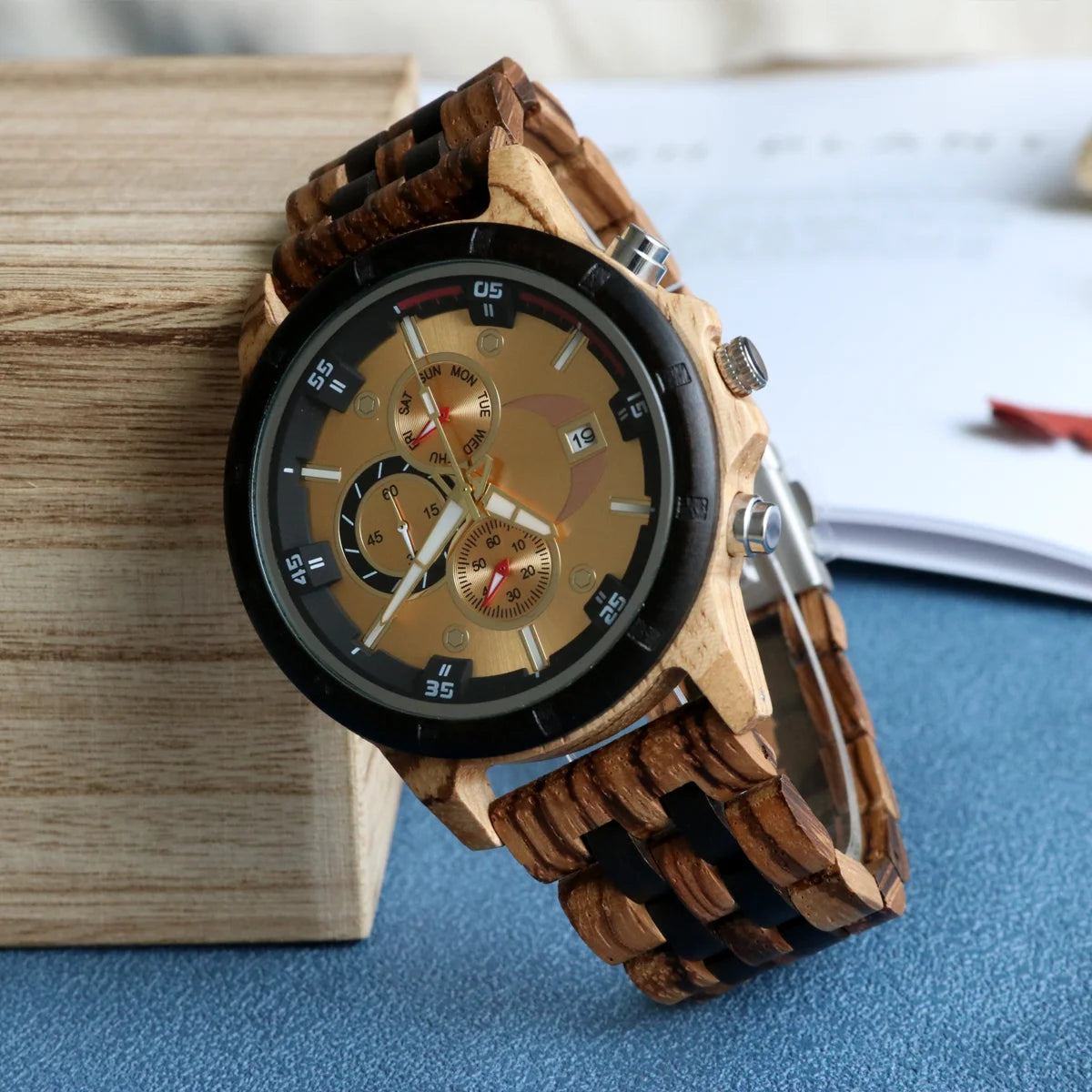 Men’s Sports Wooden Wrist Watch - Multifunction Analog Face & Quartz Movement