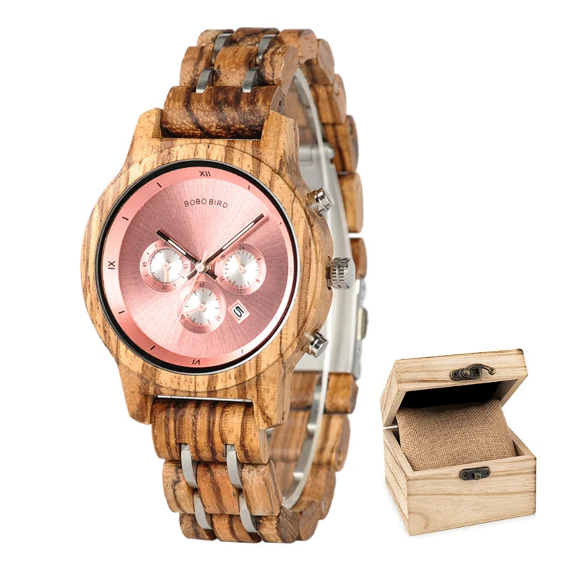 Wooden Women's Watch with 3 Sub Dials Chronograph
