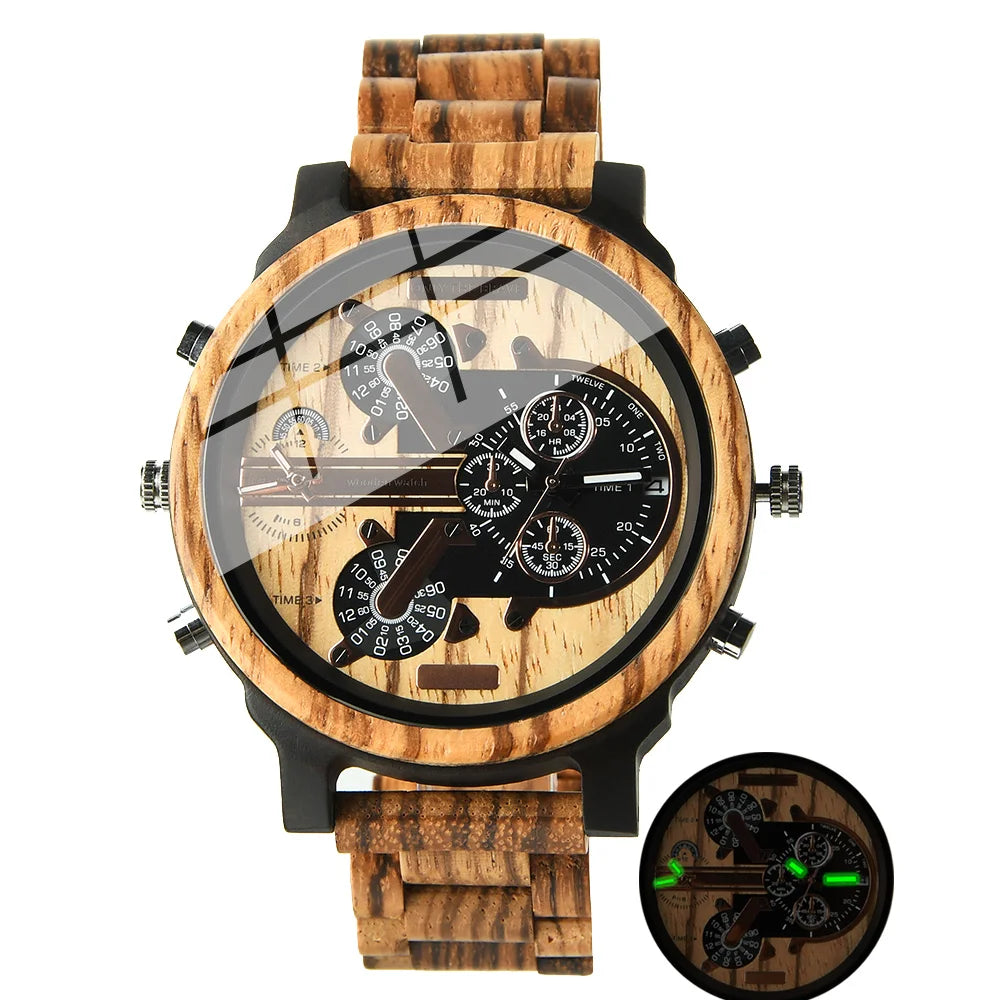 Chronographic Men’s Wooden Sports Watch - Luminous Hands With Large Face - Quartz Movement & Analog Time