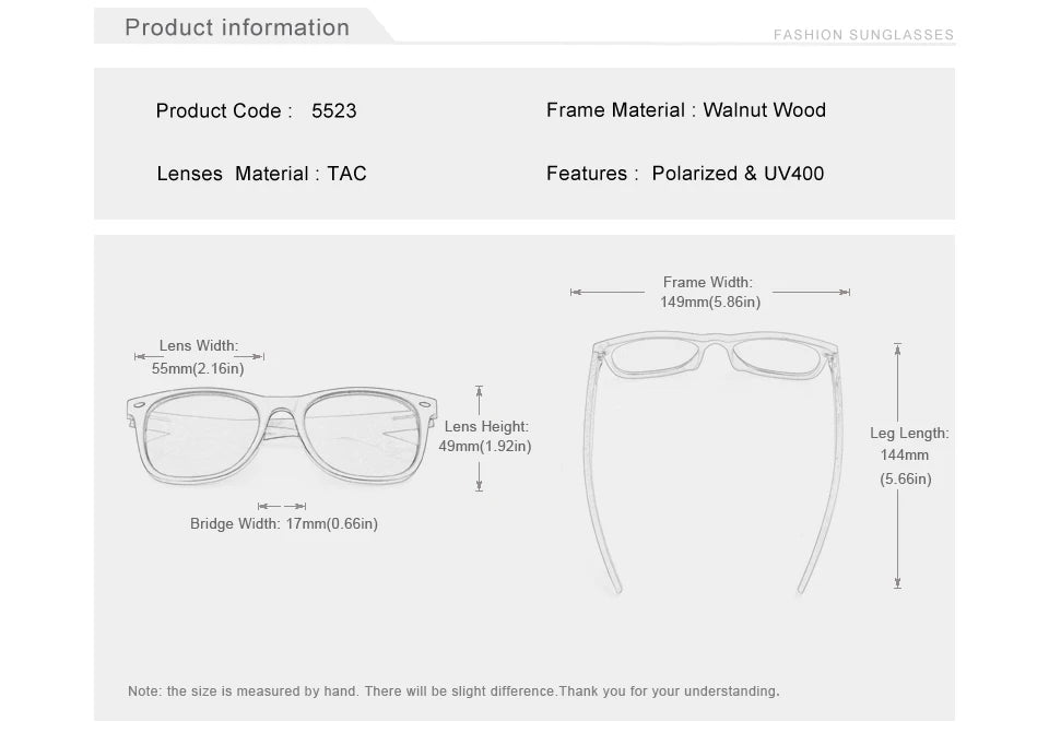 Unisex Walnut Wooden Sunglasses For Men or Women - Polarized Anti-UV400 Lens With Large Frames