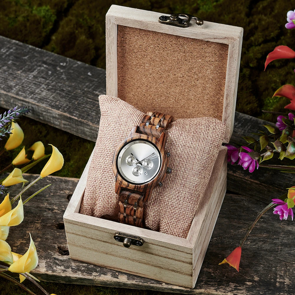 Wooden Women's Watch with 3 Sub Dials Chronograph