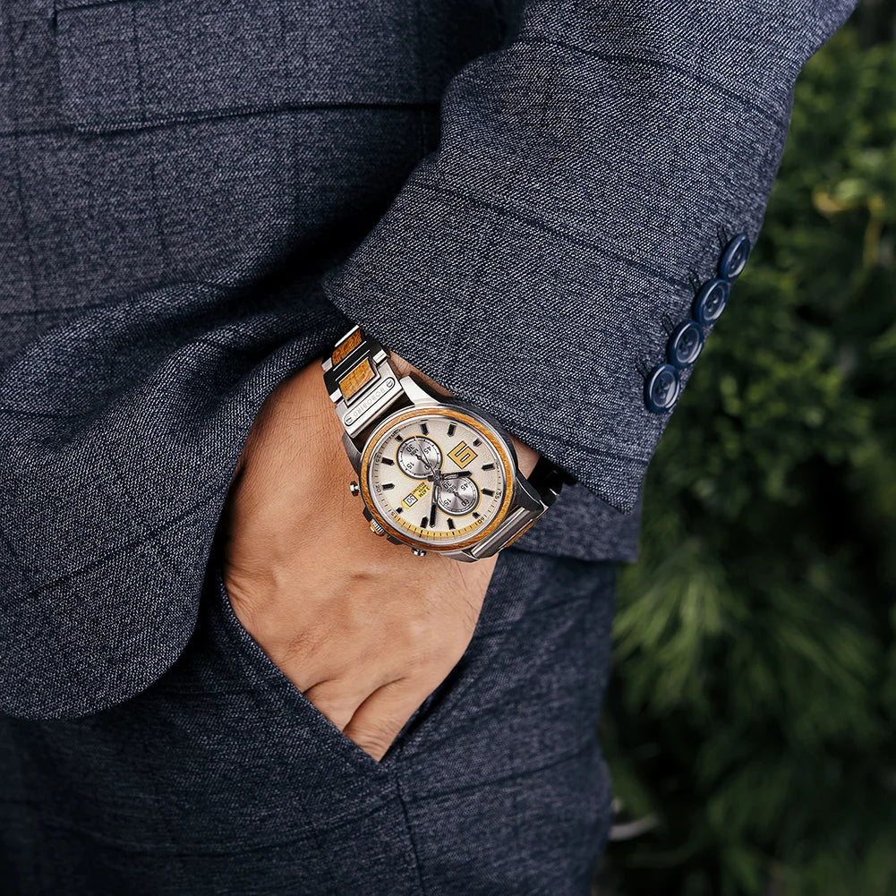 Men's Stylish Wood & Stainless Steel Combination Watch - Quartz Movement Chronographic Date & Time Face