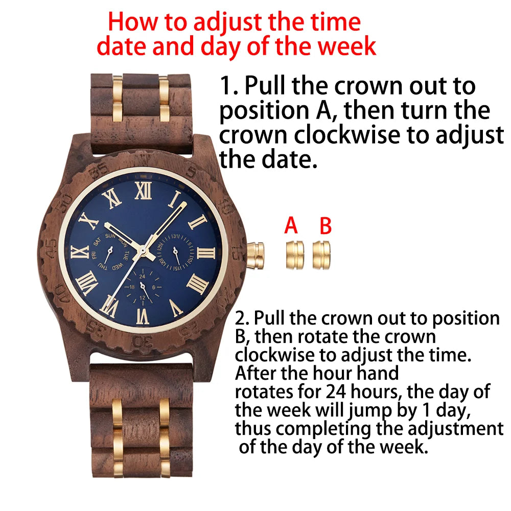 Classic Analog Wooden Wrist Watch For Men - Roman Numerals Face Quartz Movement With Day Of Week Display