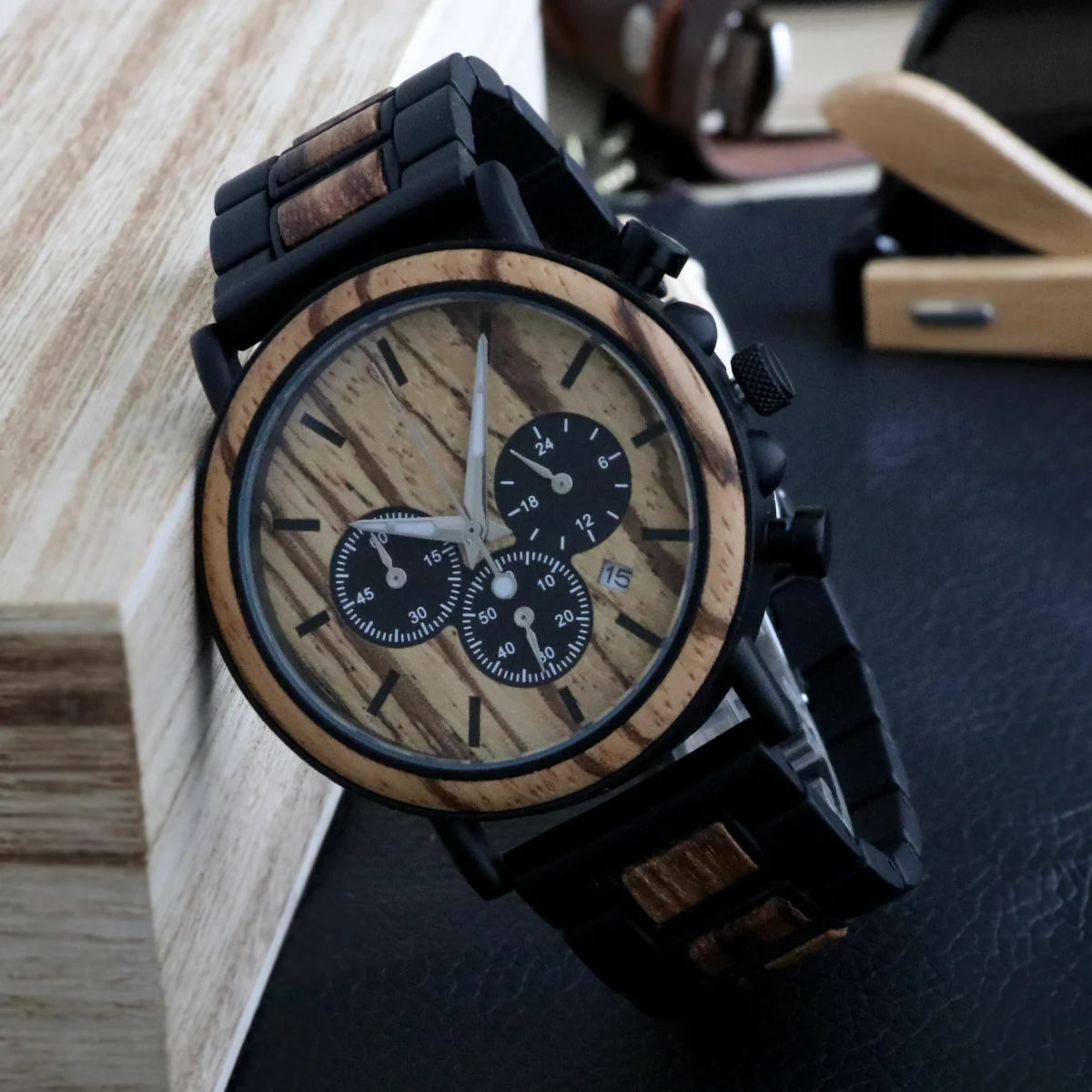 Men’s Wooden Watch With Unique Chronographic Design - Quartz Movement Sports Style