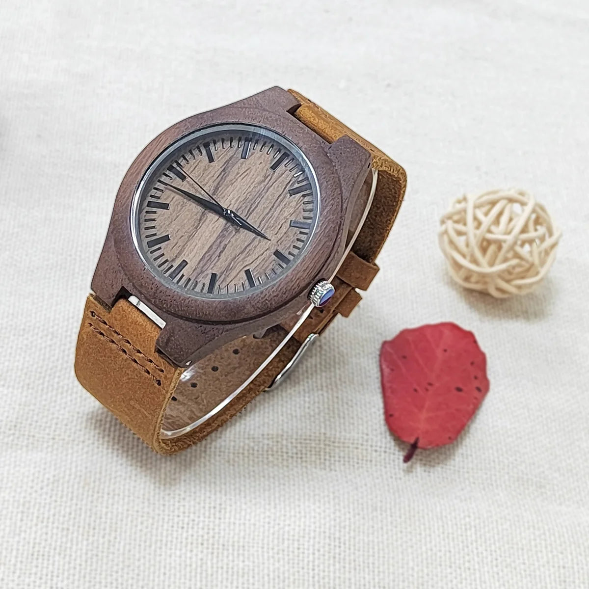 Unisex Classic Analog Face Wooden Wristwatch For Men or Women - Quartz Movement With Leather Strap