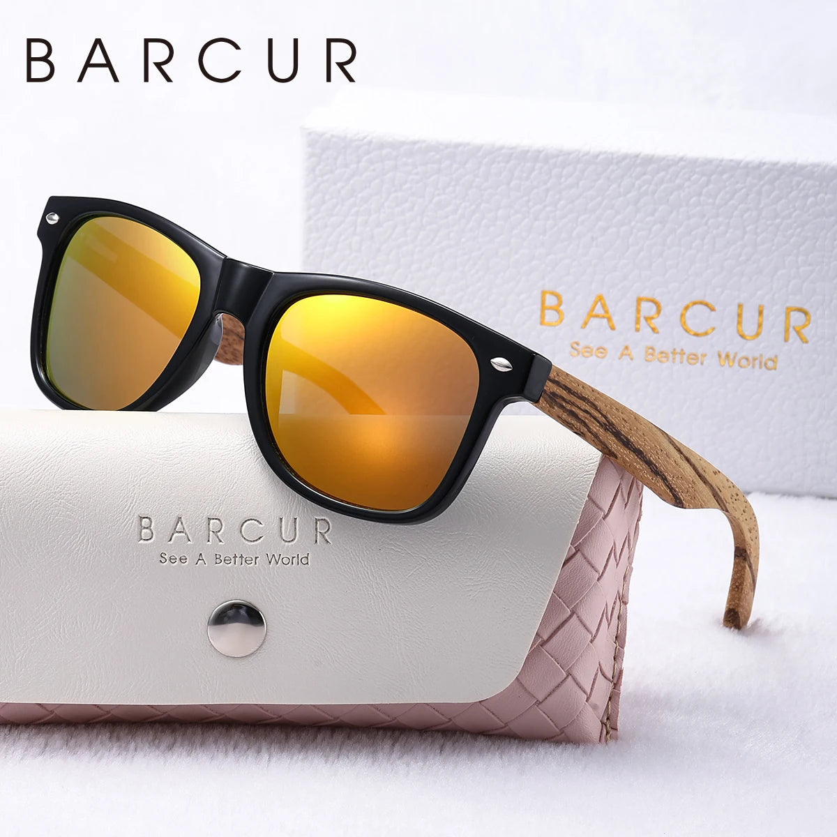 BARCUR Fashion Polarized Sunglasse Full-rim PC Advanced Bamboo Mirror Legs Colorful TAC Lens Women Sunglasses Gift Box Package