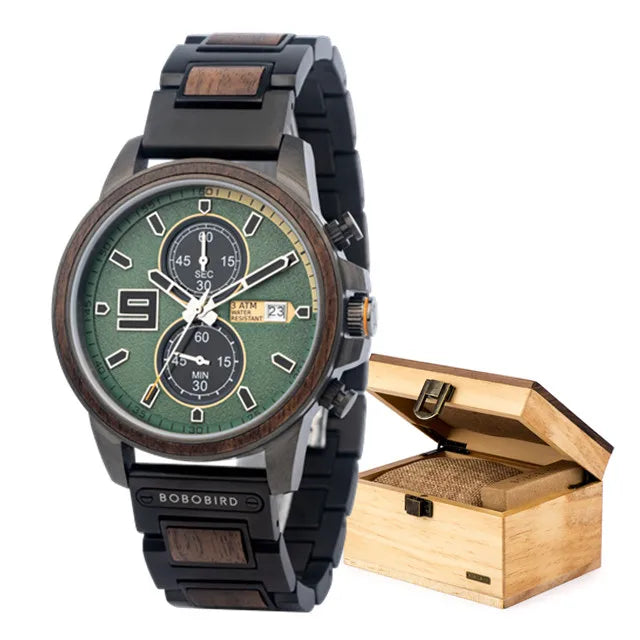Men's Stylish Wood & Stainless Steel Combination Watch - Quartz Movement Chronographic Date & Time Face