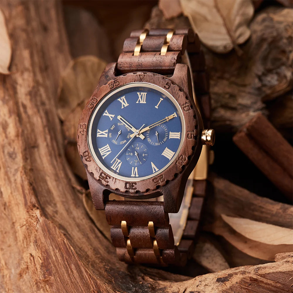 Classic Analog Wooden Wrist Watch For Men - Roman Numerals Face Quartz Movement With Day Of Week Display