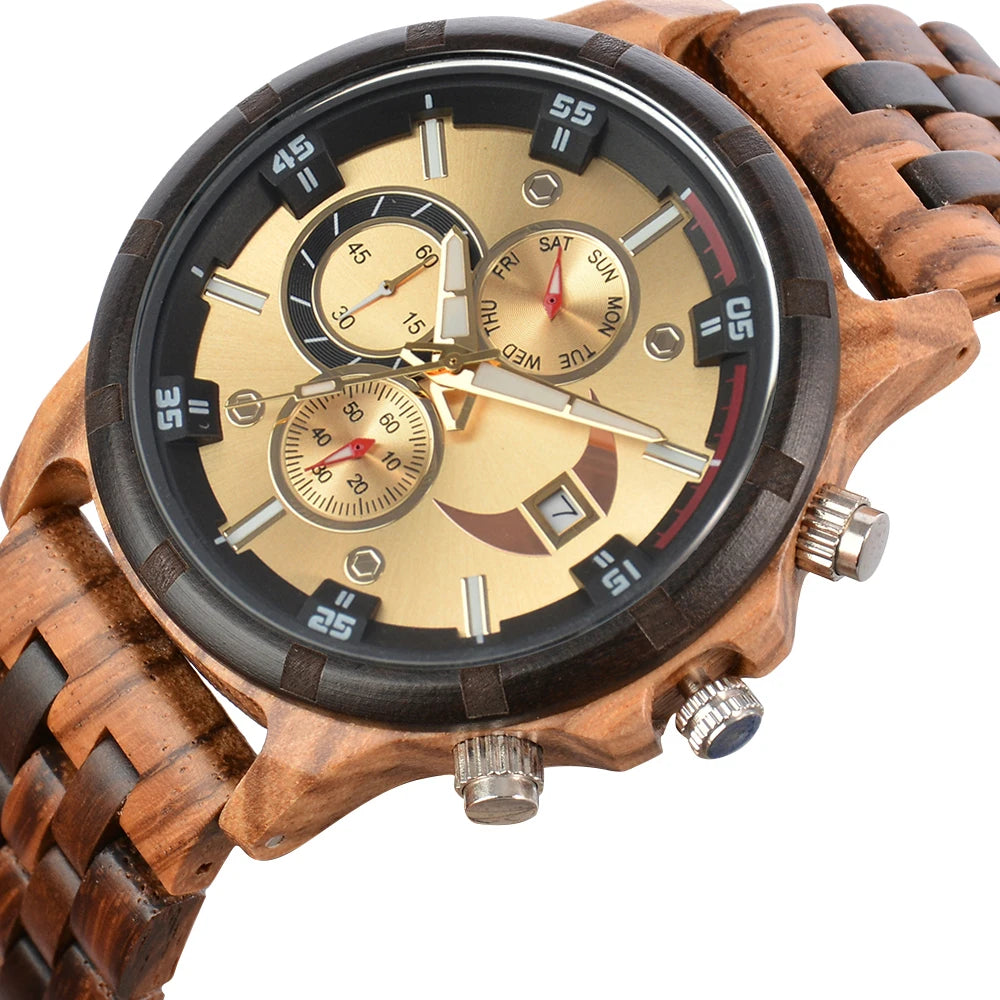 Men’s Sports Fashion Wooden Watch - Chronographic Analog Face With Luminous Hands
