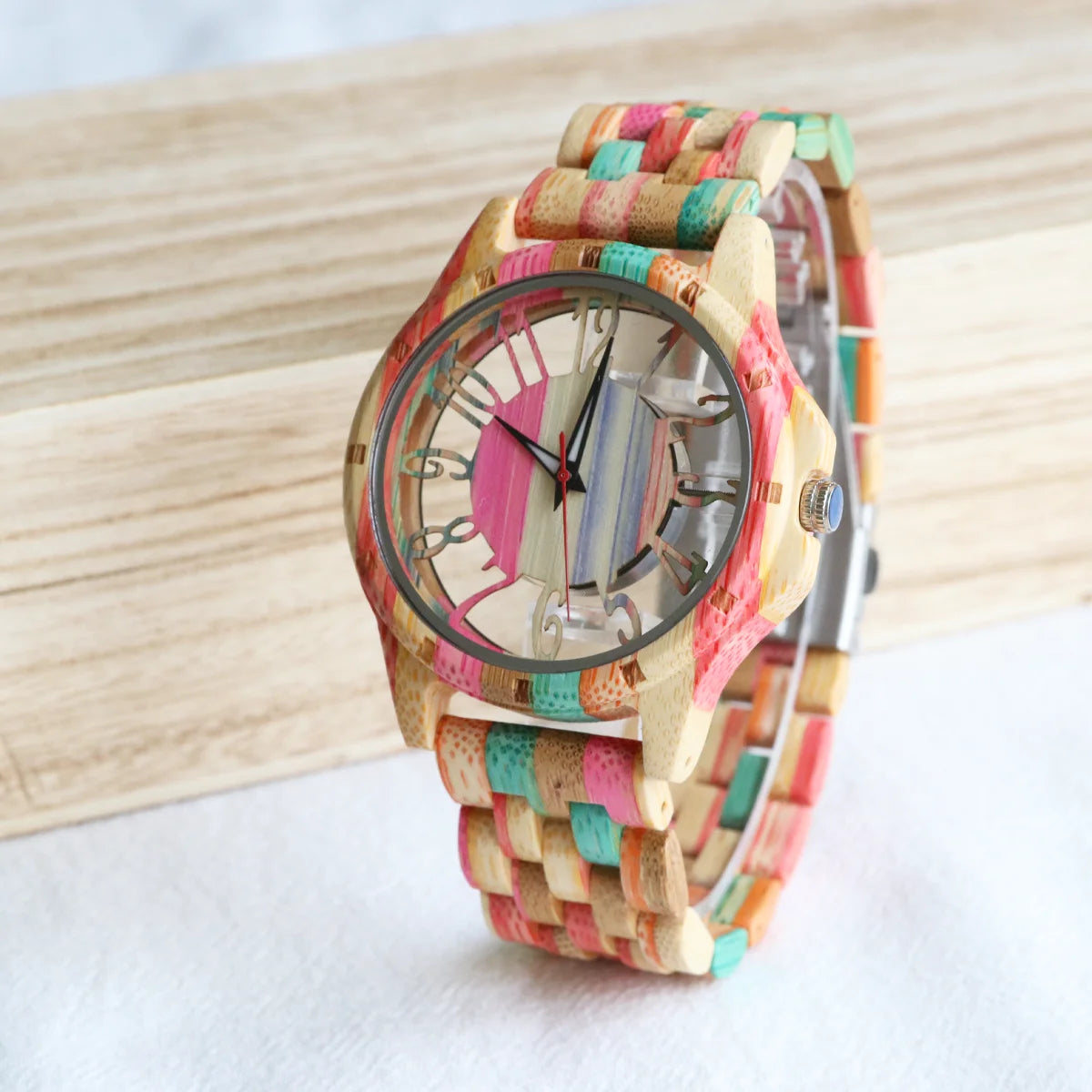 Colorful Unisex Wooden Wristwatch For Men or Women - Quartz Movement And Hollowed Out Classic Analog Face With Traditional Numbers