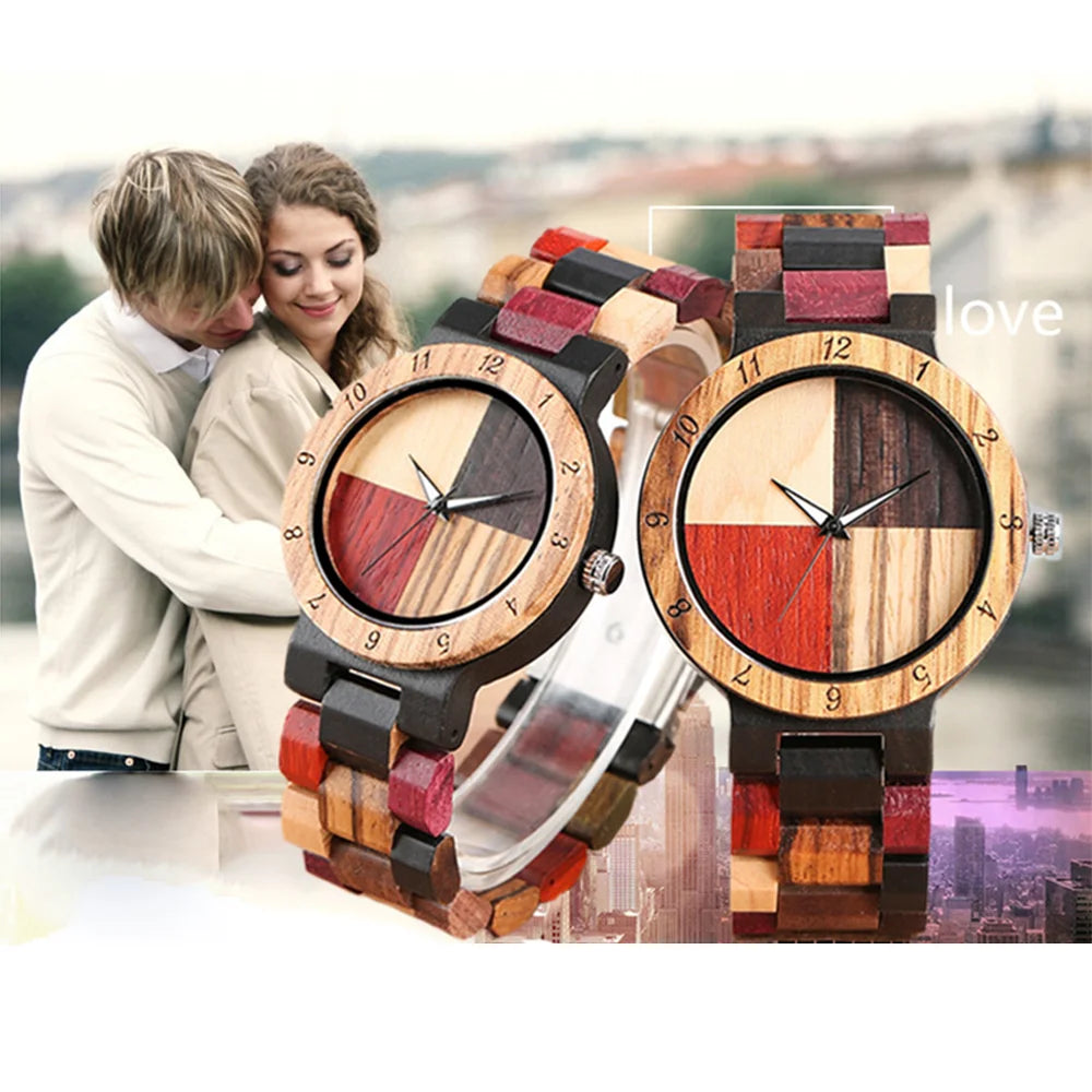 Wooden Sweetheart Couple His & Hers Watches - Quartz Movement Analog Display With Mixed Color Dials - Matching Wristwatches For Him/Him, Her/Her, Him/Her, Lovers