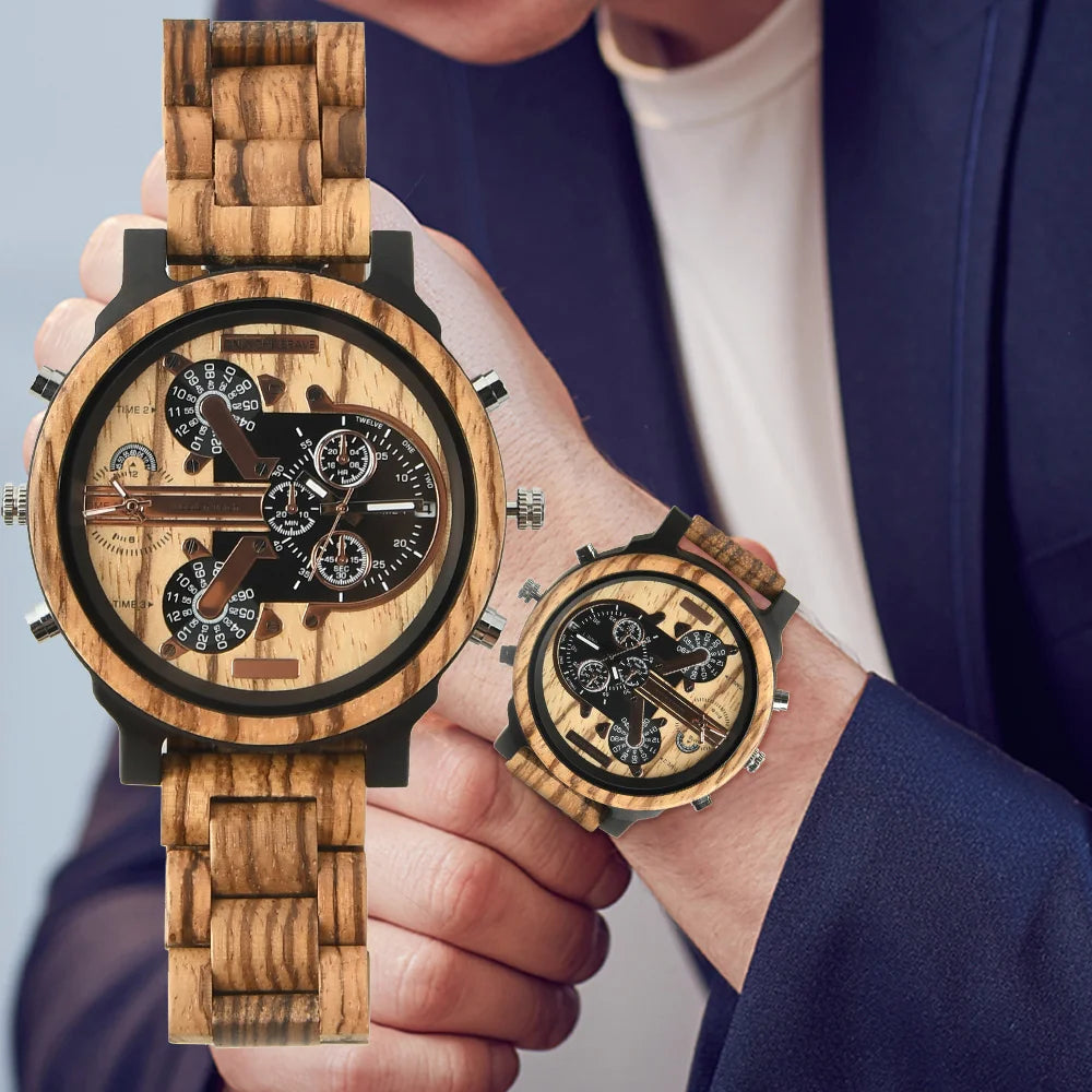 Chronographic Men’s Wooden Sports Watch - Luminous Hands With Large Face - Quartz Movement & Analog Time