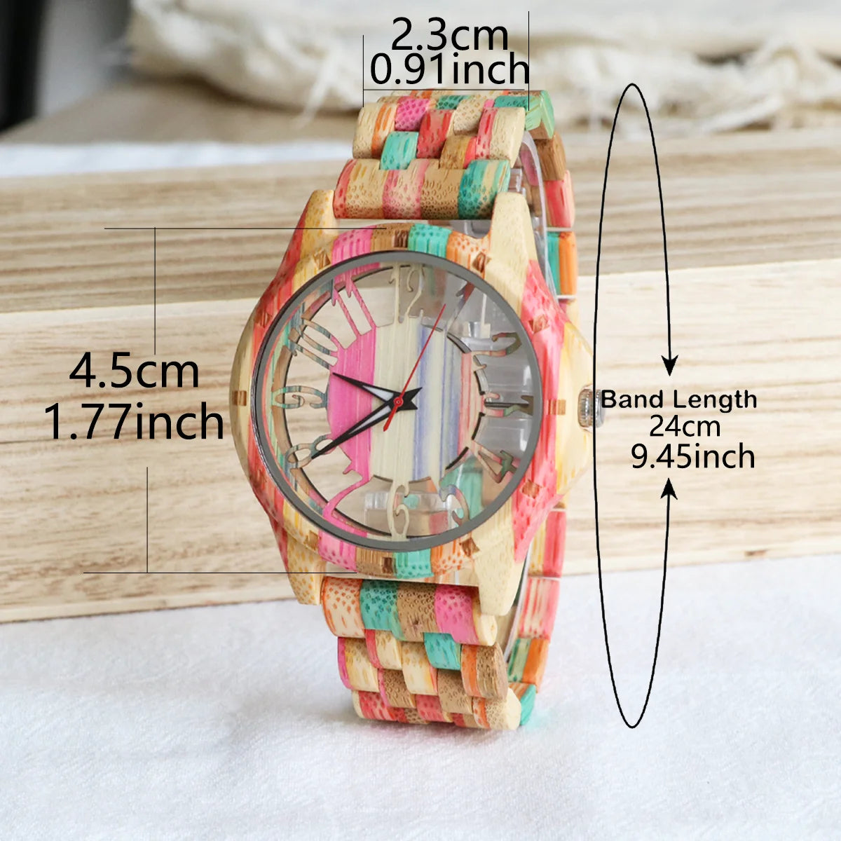Colorful Unisex Wooden Wristwatch For Men or Women - Quartz Movement And Hollowed Out Classic Analog Face With Traditional Numbers