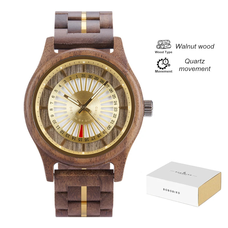 Unique Men's Wooden Watch Design - Chronographic Date Display On Face Wristwatch for Men