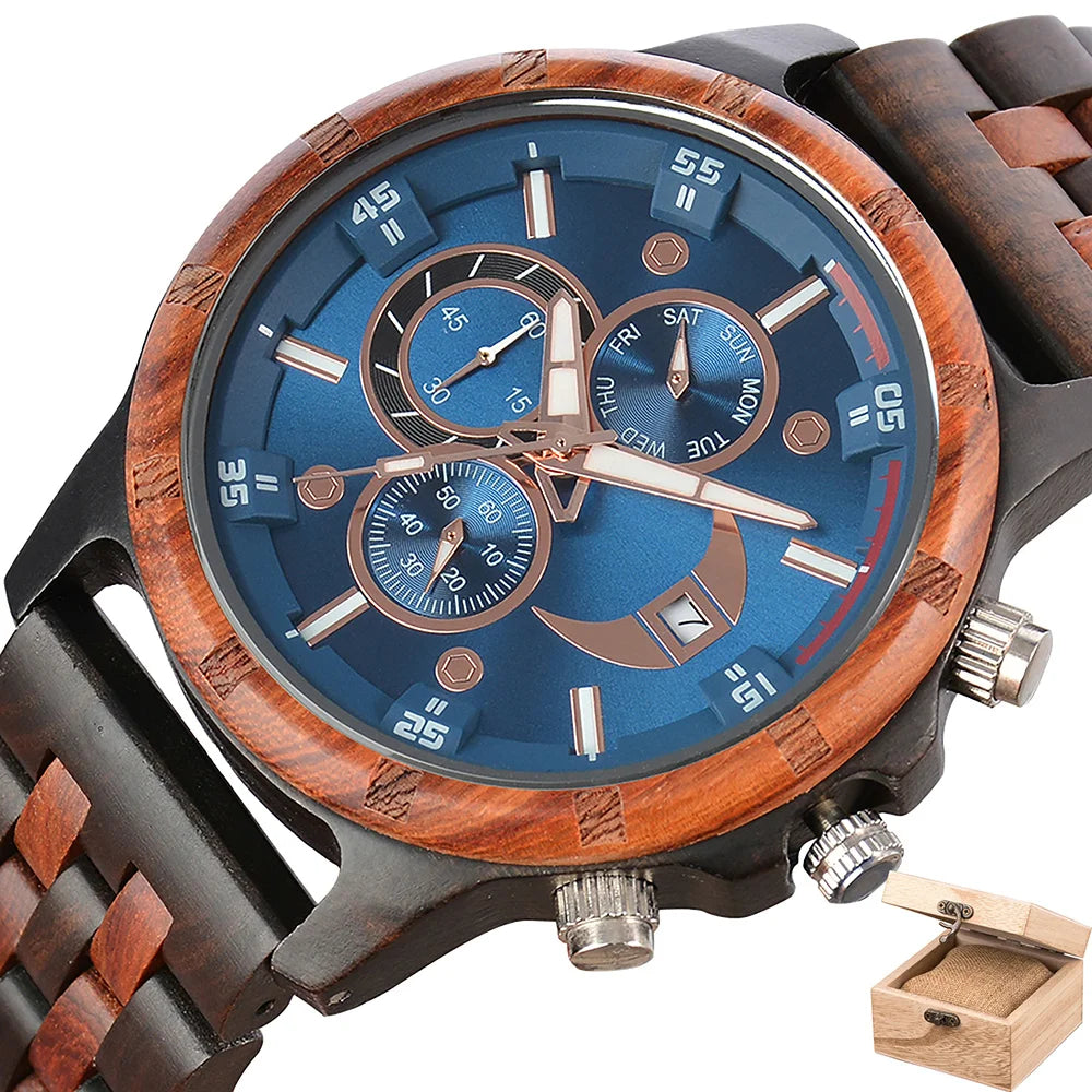 Men’s Sports Fashion Wooden Watch - Chronographic Analog Face With Luminous Hands