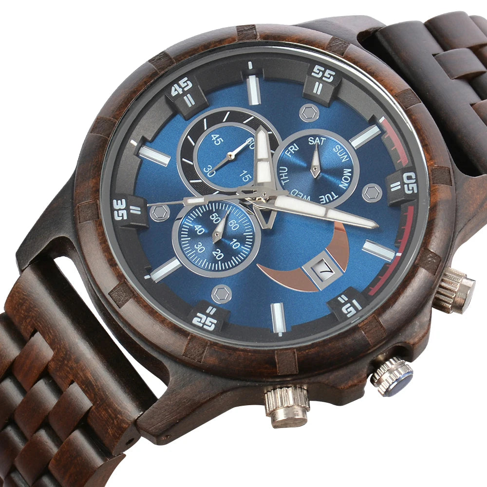 Men’s Sports Fashion Wooden Watch - Chronographic Analog Face With Luminous Hands