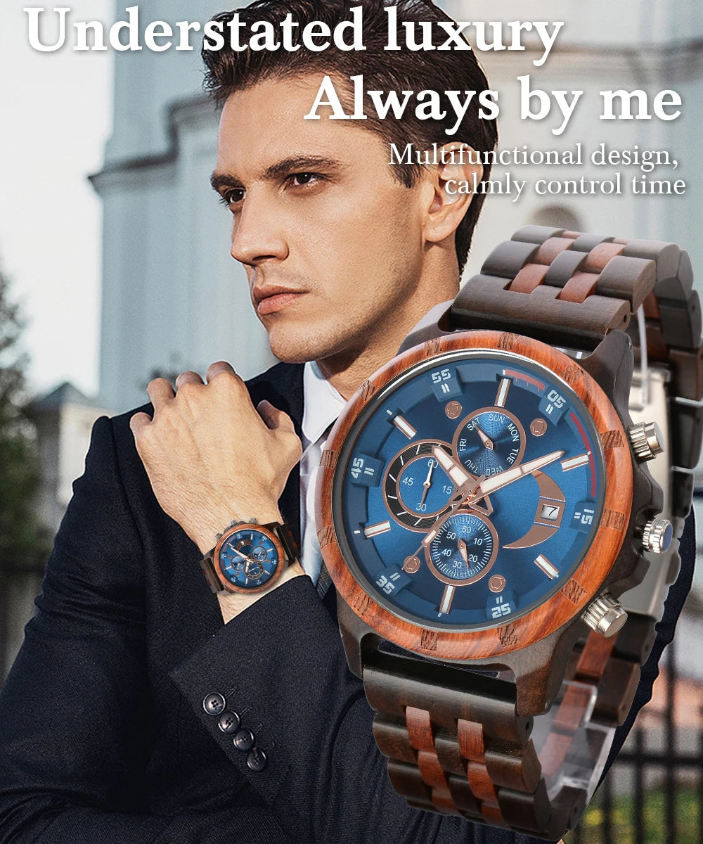 Men’s Sports Fashion Wooden Watch - Chronographic Analog Face With Luminous Hands