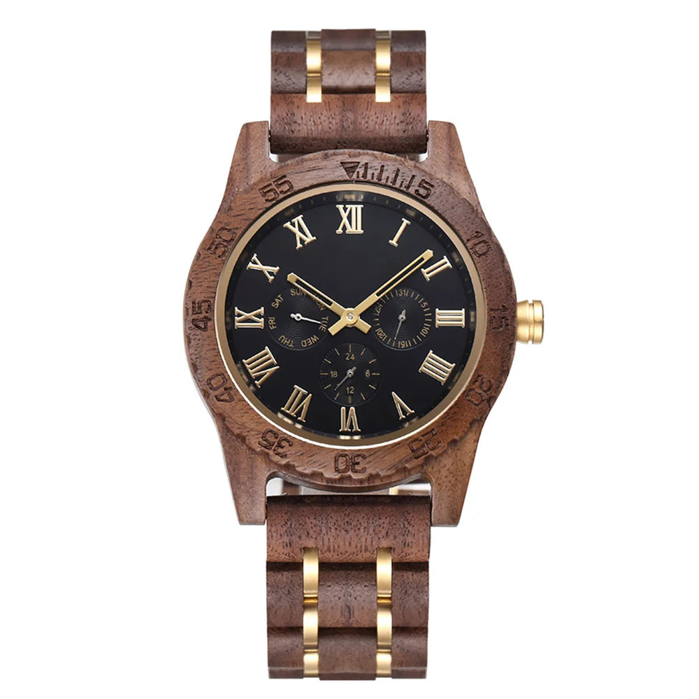 Classic Analog Wooden Wrist Watch For Men - Roman Numerals Face Quartz Movement With Day Of Week Display