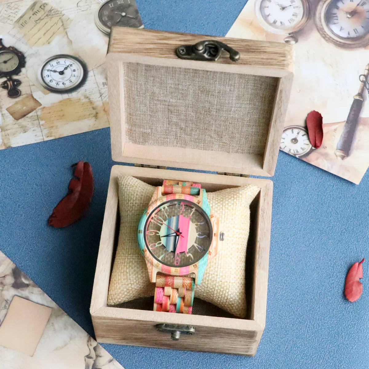 Colorful Unisex Wooden Wristwatch For Men or Women - Quartz Movement And Hollowed Out Classic Analog Face With Traditional Numbers