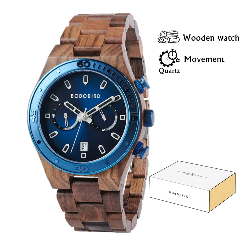 Luxury Men's Wooden Watch With Chronographic Date Display