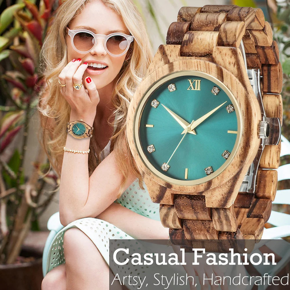 Women’s Wooden Watch With Decorative Rhinestones - Natural Wood Dial And Bracelet Wristwatch For Ladies