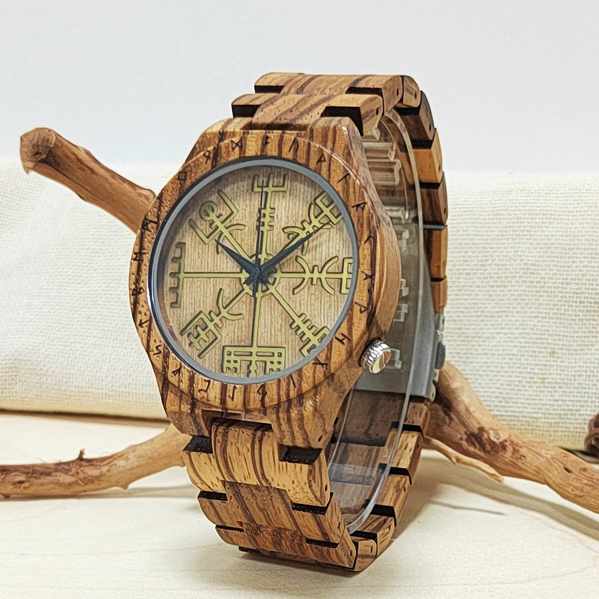 Men's Wooden Wrist Watch With Gold Viking Symbol Face - Analog Quartz Movement Timepiece