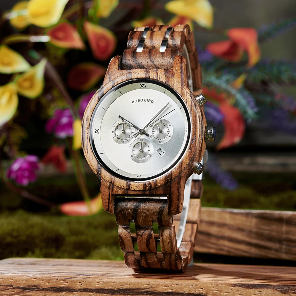 Wooden Women's Watch with 3 Sub Dials Chronograph