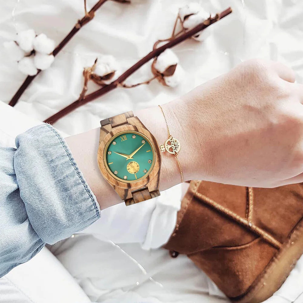 Women’s Gold Luxury Wooden Watch - Casual Fashion Wrist Watch For Women With Simulated Diamond Dial