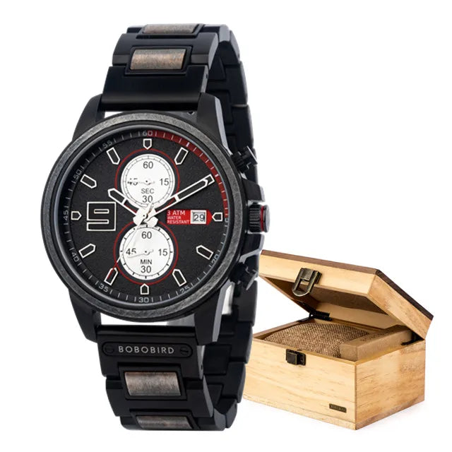 Men's Stylish Wood & Stainless Steel Combination Watch - Quartz Movement Chronographic Date & Time Face