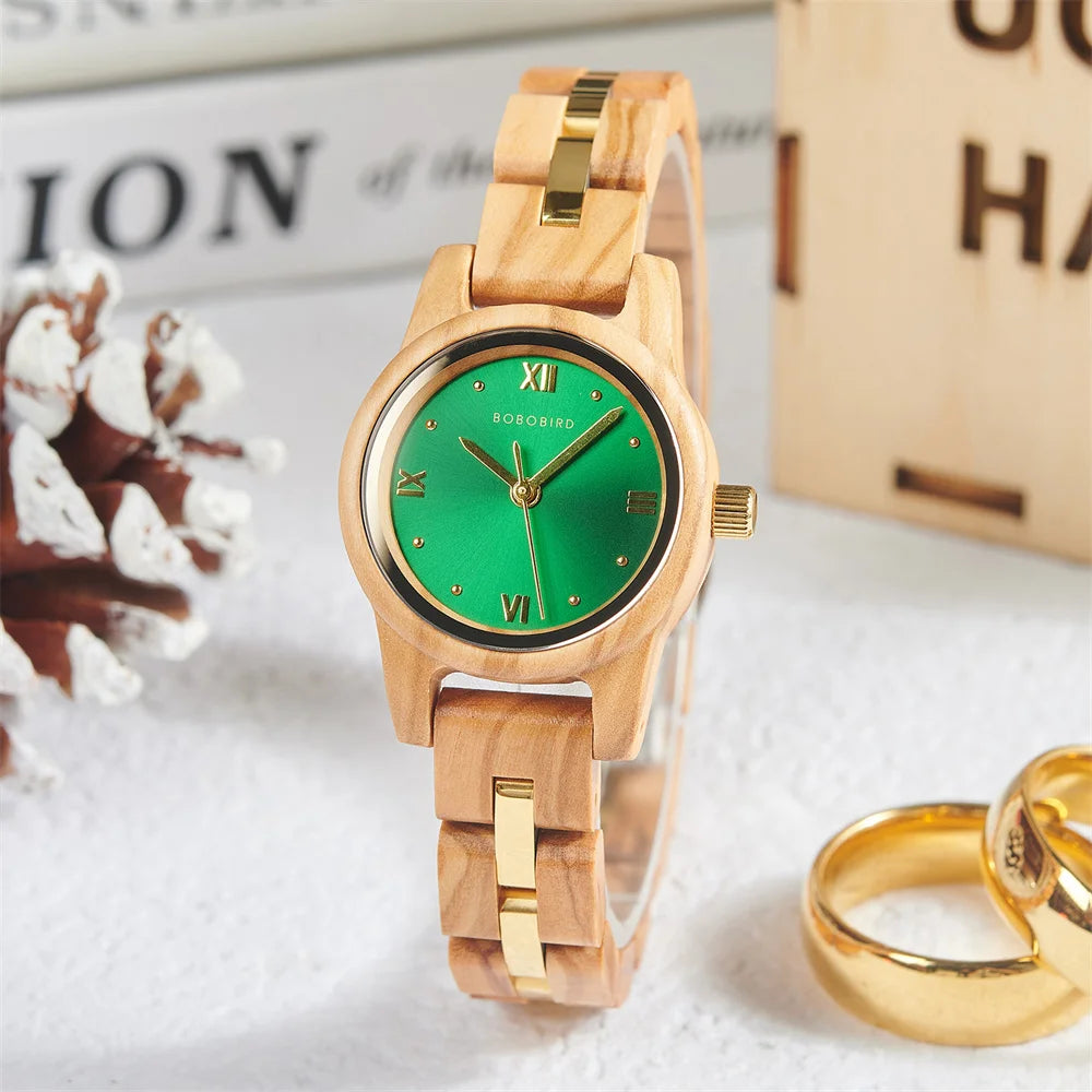 Women's Round Face Wooden Watch Fashion Quartz Watch for Ladies With Paper Gift Box
