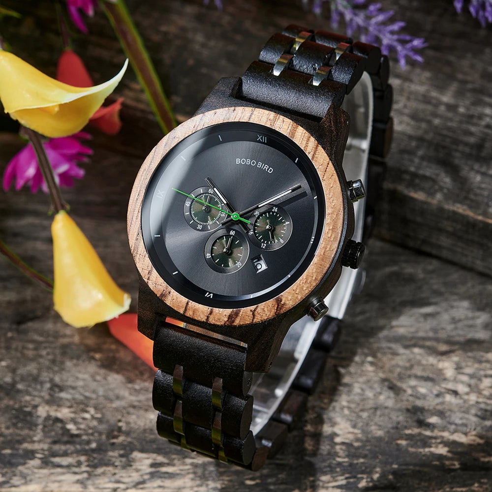 Wooden Women's Watch with 3 Sub Dials Chronograph