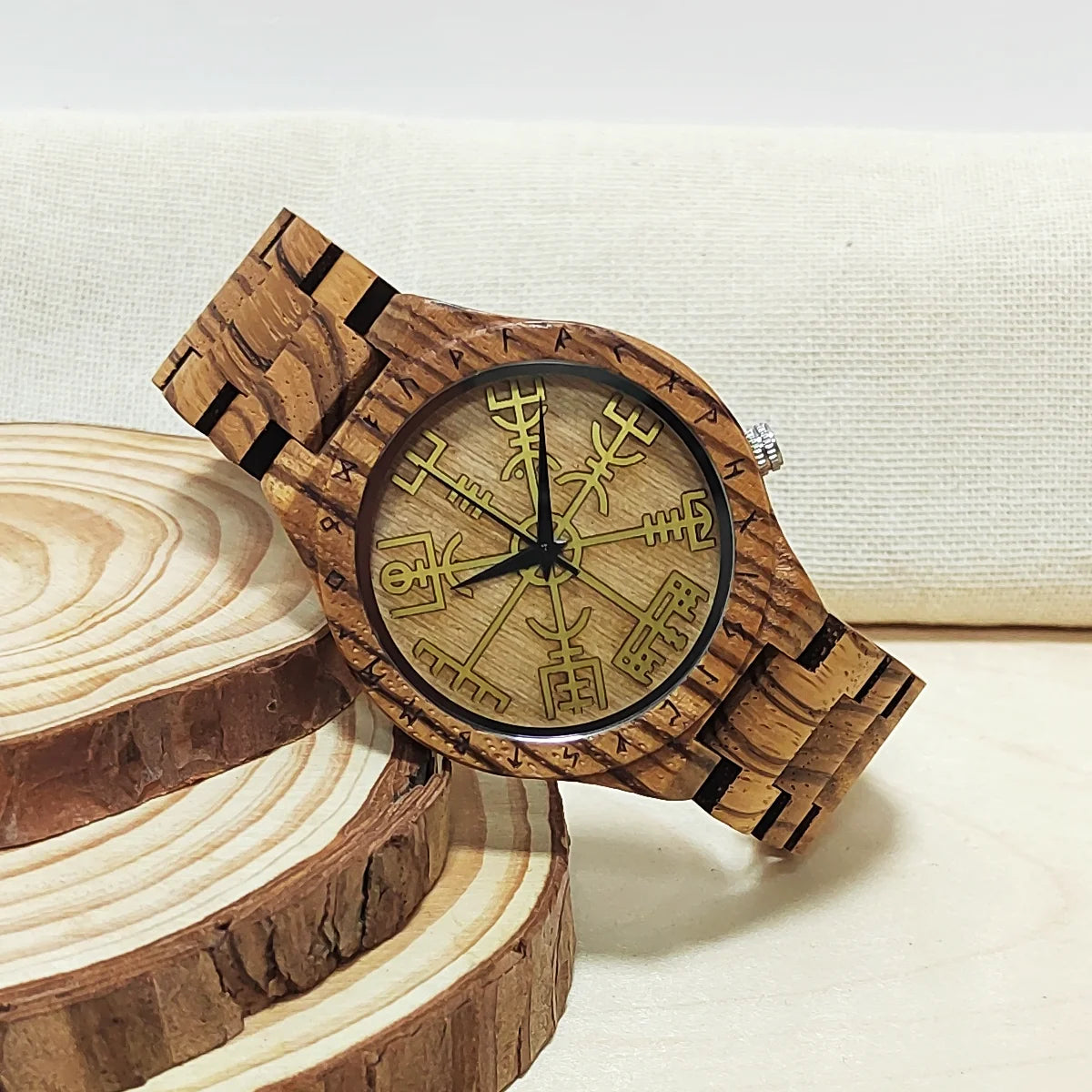 Men's Wooden Wrist Watch With Gold Viking Symbol Face - Analog Quartz Movement Timepiece