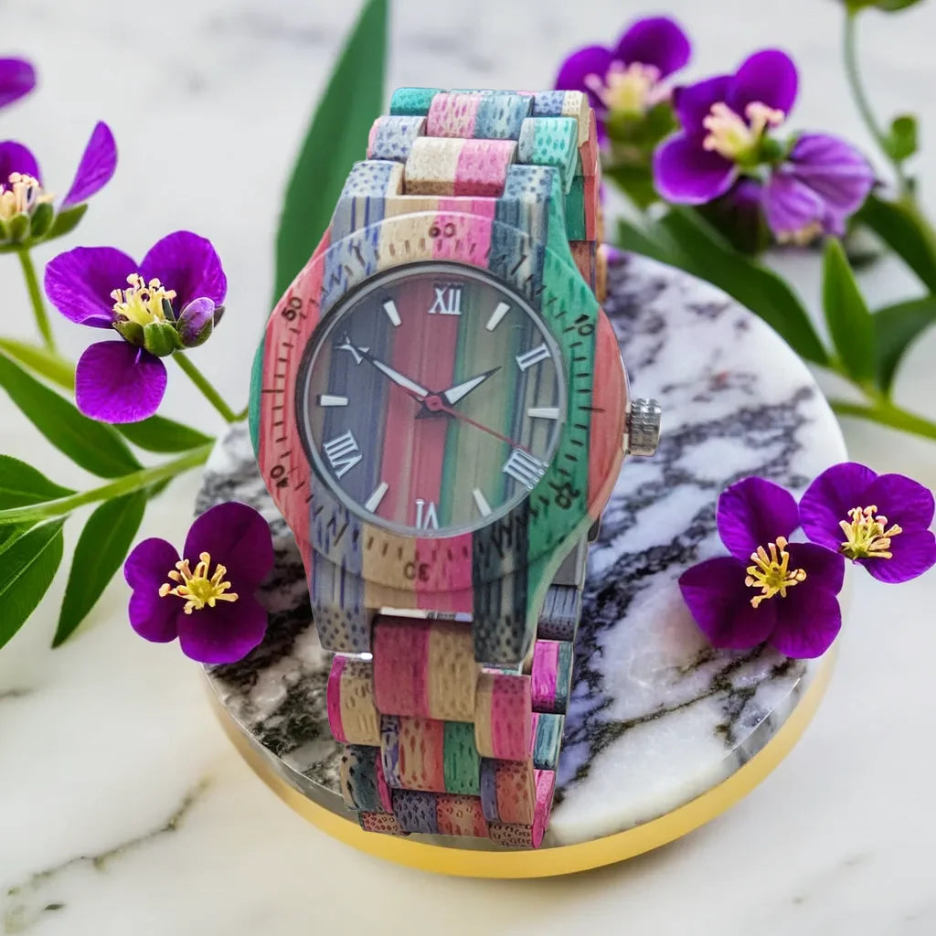 Women’s Elegant Colorful Natural Bamboo Wooden Watch - Fashionable Color Band Quartz Movement Classic Analog Wristwatch For Ladies
