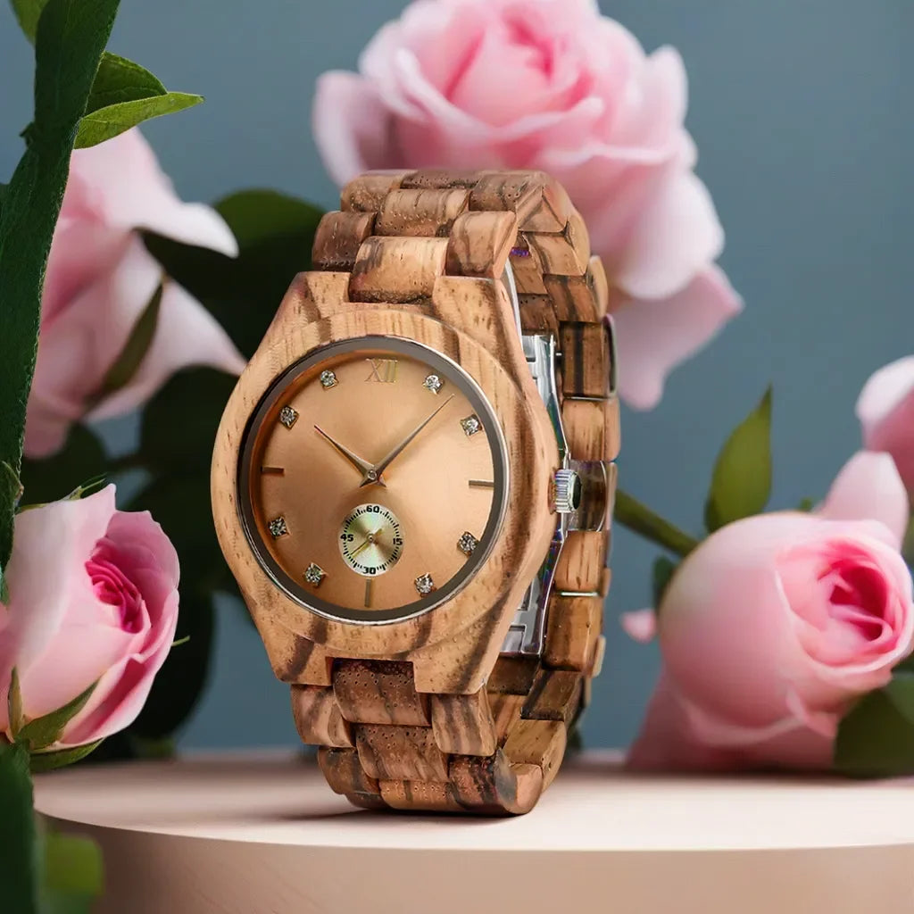 Women’s Gold Luxury Wooden Watch - Casual Fashion Wrist Watch For Women With Simulated Diamond Dial