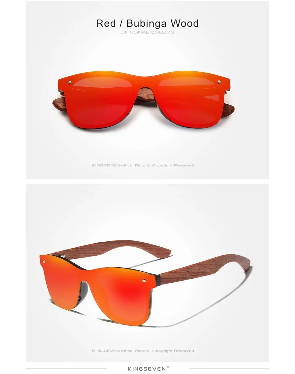 Men’s UV Polarized Mirror Lens Sunglasses - Rectangular Shaped Wooden Frames