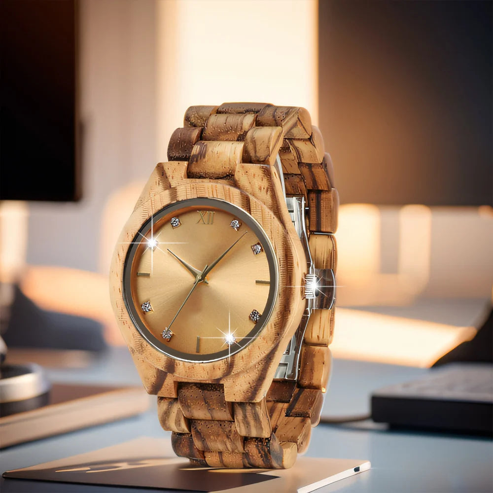 Women’s Wooden Watch With Decorative Rhinestones - Natural Wood Dial And Bracelet Wristwatch For Ladies