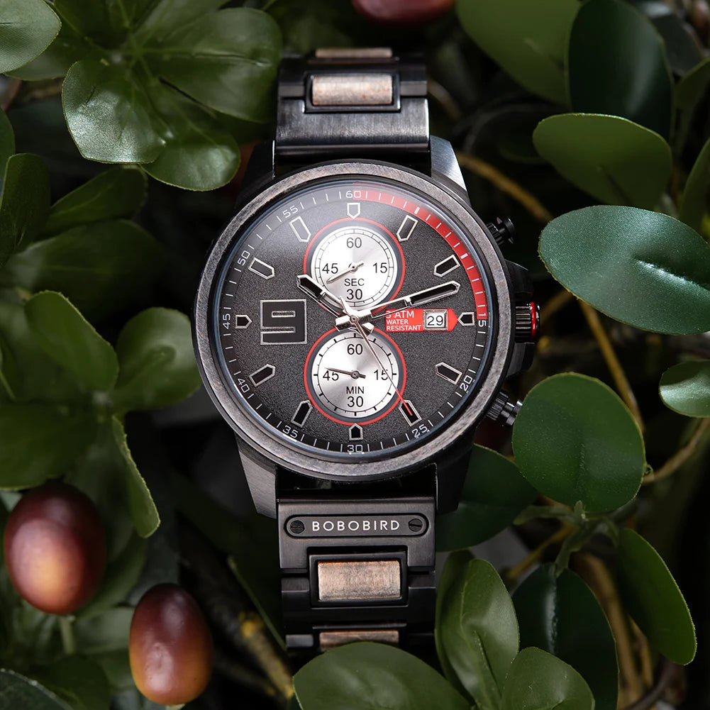 Men's Stylish Wood & Stainless Steel Combination Watch - Quartz Movement Chronographic Date & Time Face