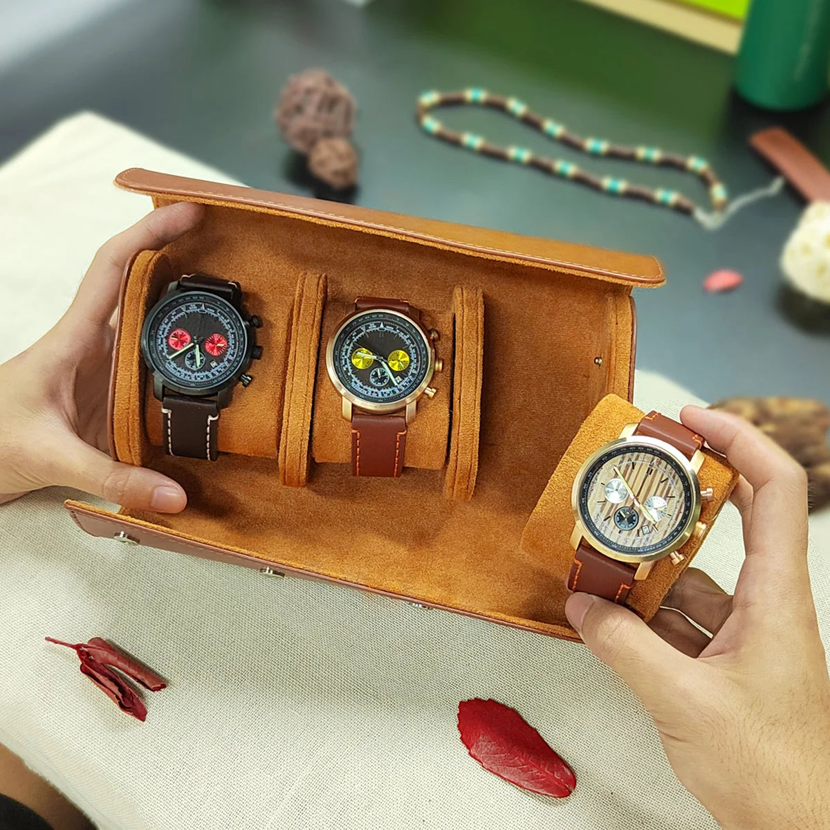 1/2/3-Slot Watch Roll Personalized Leather Travel Case - Custom Watch Case - Watch Storage Box