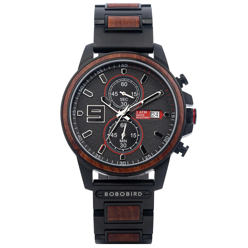 Men's Stylish Wood & Stainless Steel Combination Watch - Quartz Movement Chronographic Date & Time Face
