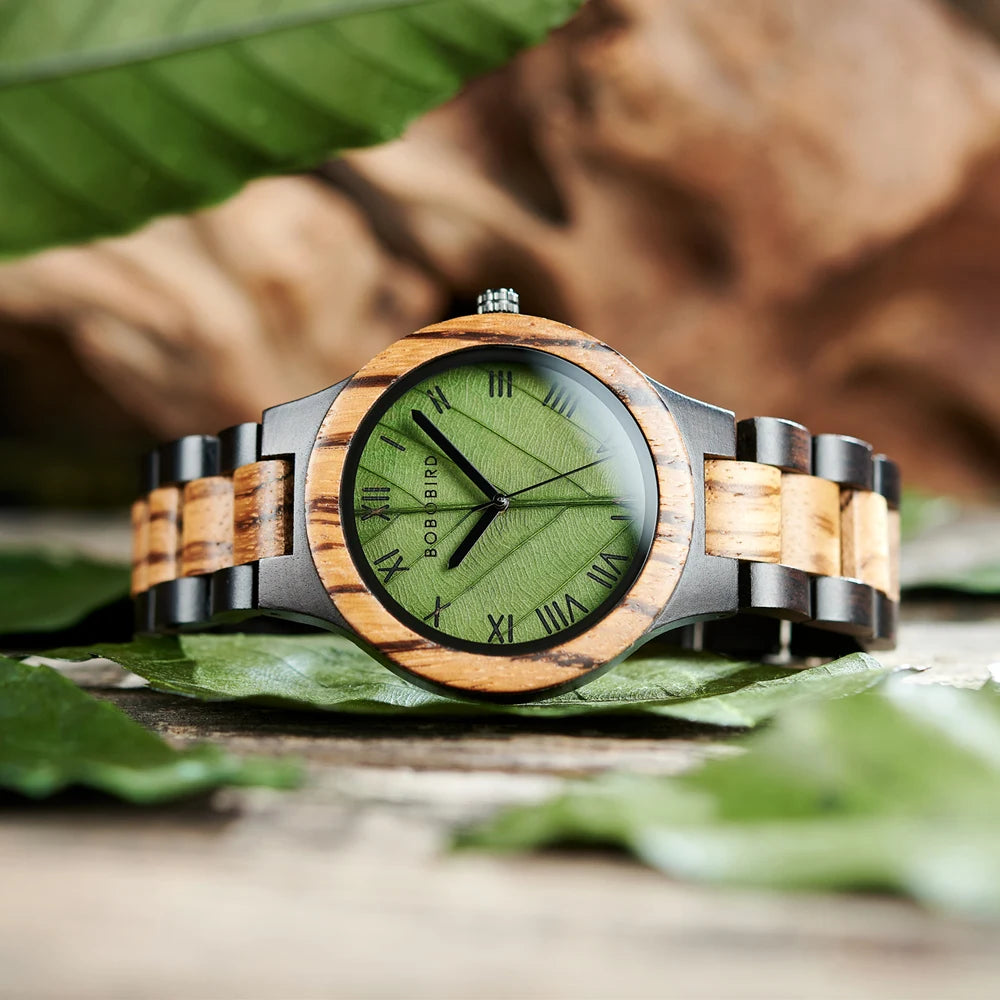 Unisex Wooden Watch With Leaf Dial Design - Classic Analog Quartz Movement Casual Dress Wristwatch for Men & Women